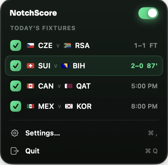 NotchScore fixtures menu
